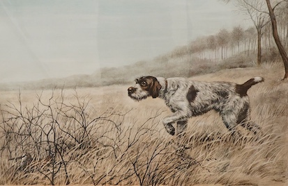 Leon Danchin (1887-1938), A pointer at work, signed in pencil, dry point etching with hand colouring, 40 x 58cm